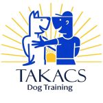 Takacs Dog Training logo featuring dog trainer and dog with sunburst design